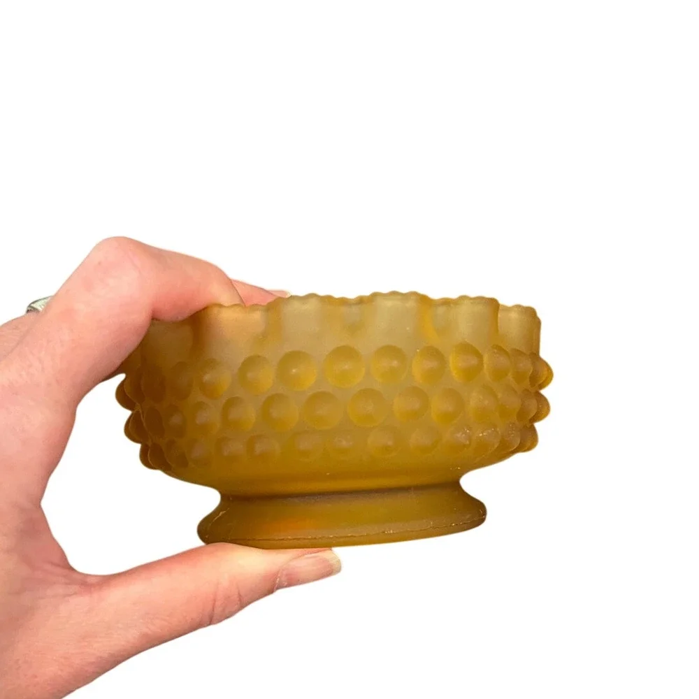 Vintage Frosted Hobnail Glass Bowl Amber Crested Ruffled Satin Yellow Candy Dish